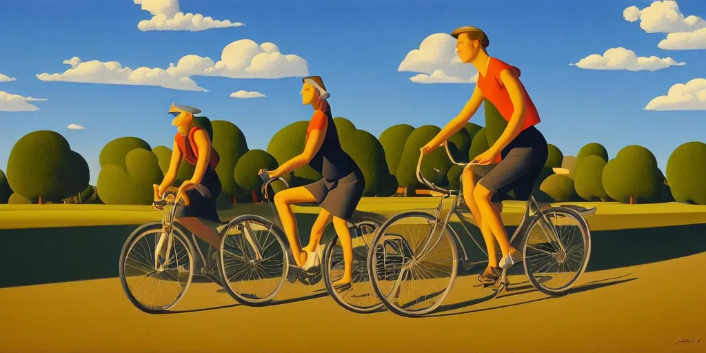 Prompt: biking, blue sky, summer evening, kenton nelson