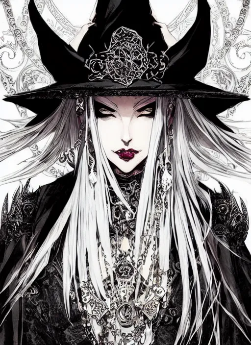 Image similar to beautiful human witch with blonde short curtly hair in intricate ornate witch robe, haughty evil look, witch hat. in style of yoji shinkawa and hyung - tae kim, trending on artstation, dark fantasy, great composition, concept art, highly detailed, dynamic pose.