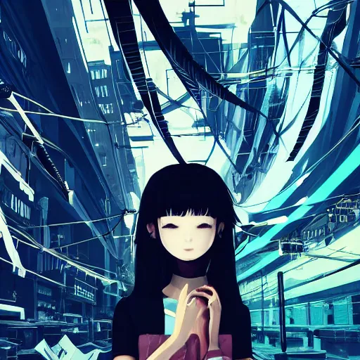 Image similar to Frequency indie album cover, luxury advertisement, yellow filter. Clean and detailed post-cyberpunk sci-fi close-up schoolgirl in asian city in style of cytus and deemo, blue flame, relaxing, calm and mysterious vibes, by Tsutomu Nihei, by Yoshitoshi ABe, by Ilya Kuvshinov, by Greg Tocchini, nier:automata, set in half-life 2, Matrix, GITS, Blade Runner, Neotokyo Source, Syndicate(2012), dynamic composition, beautiful with eerie vibes, very inspirational, very stylish, with gradients, surrealistic, dystopia, postapocalyptic vibes, depth of field, mist, rich cinematic atmosphere, perfect digital art, mystical journey in strange world, beautiful dramatic dark moody tones and studio lighting, shadows, bastion game, arthouse