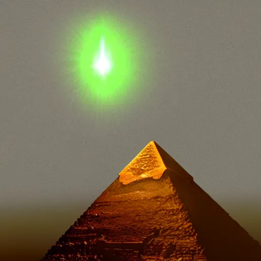 Prompt: a green beam coming out of thethe tip of the great pyramid of giza, sphynx and other pyramids in the background, illustration, digital art, trending on artstation, no signature