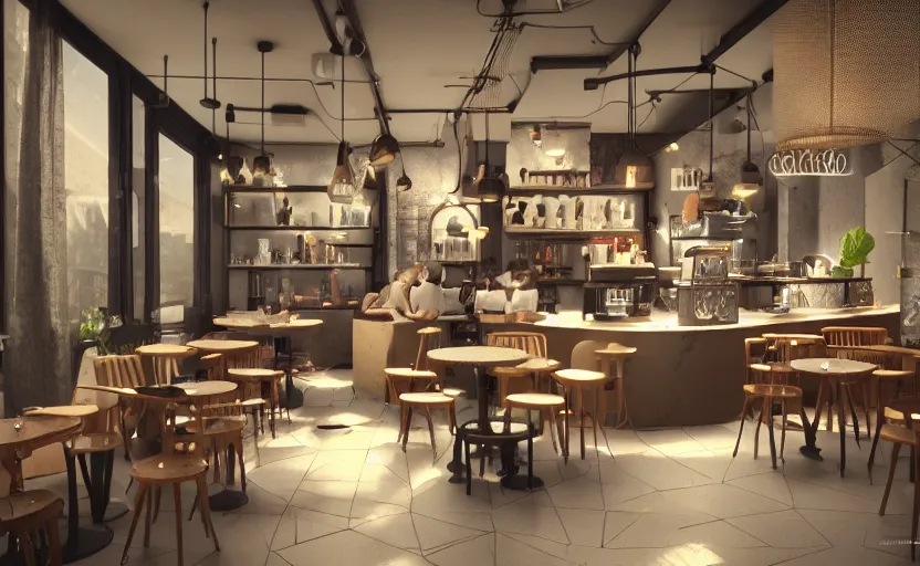 Image similar to a coffe shop, octane render, artstation trending, highly detailded