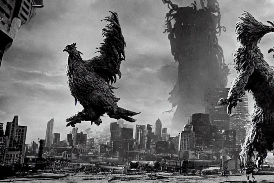 Image similar to still image taken from sci fi horror movie of a giant chicken and monster attacking a city. low camera angle. 1 9 6 0.