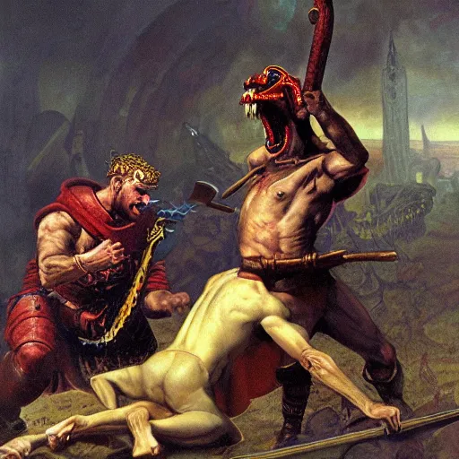 Prompt: martin the warrior battling Asmodeus the serpent by James Gurney