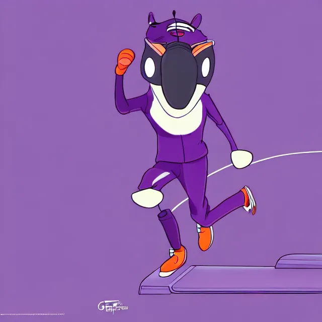 Prompt: epic professional digital art of a cartoon. anthropomorphic anteater in a purple track suit running on a treadmill,, best on artstation, cgsociety, wlop, Behance, pixiv, astonishing, impressive, outstanding, epic, cinematic, stunning, gorgeous, much detail, much wow,, masterpiece.