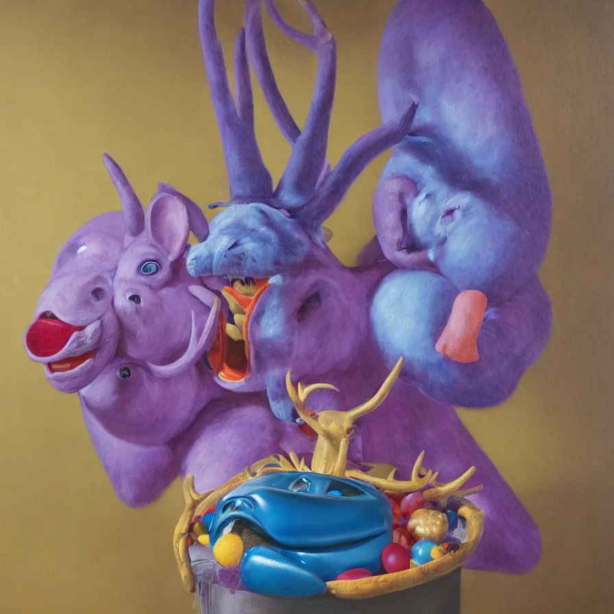 Prompt: rare hyper realistic portrait painting by british masters, studio lighting, brightly lit purple room, a blue rubber ducky with antlers laughing at a giant laughing rabbit with a clown mask