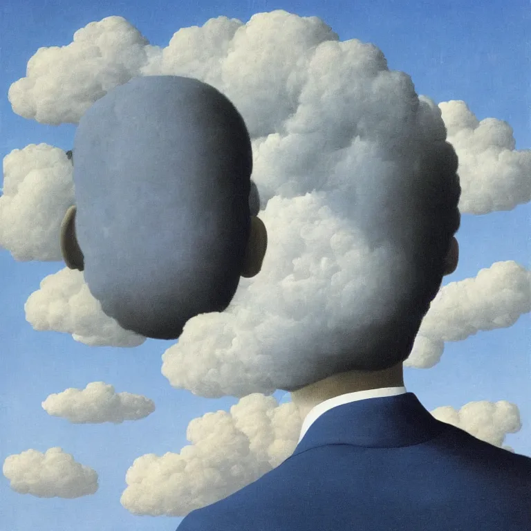 Image similar to portrait of a man whos head is hidden with a cloud, by rene magritte, detailed painting, hd, hq, high resolution, high detail, 4 k, 8 k