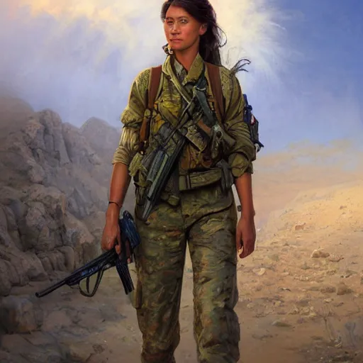 Image similar to beautiful YPJ soldier in the defense of Kobanî in the siege of Kobanî, detailed, centered, digital painting, artstation, concept art, donato giancola, Joseph Christian Leyendecker, Boris Vallejo, Breathtaking, 8k resolution, extremely detailed, beautiful, establishing shot, artistic, hyperrealistic, beautiful face, octane render