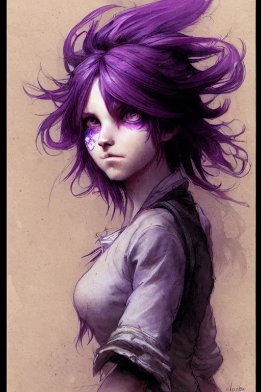 Image similar to character art by jean - baptiste monge, young woman, purple hair, glowing purple eyes