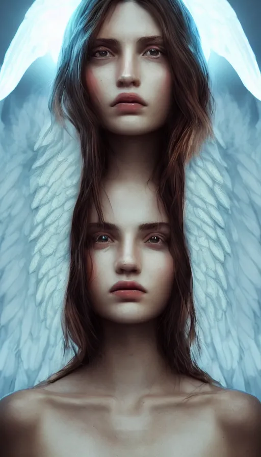 Image similar to portrait art of female angel, art by alessio albi 8 k ultra realistic, angel wings, lens flare, atmosphere, glow, detailed, intricate, full of colour, led lighting, trending on artstation, 4 k, hyperrealistic, focused, extreme details, unreal engine 5, masterpiece