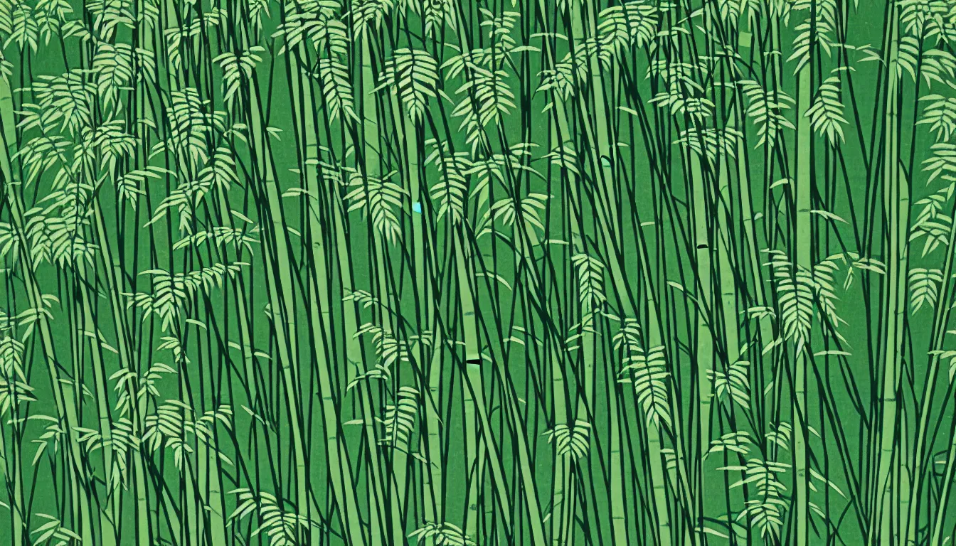 Image similar to close up of ferns with bamboo forest in the background by woodblock print