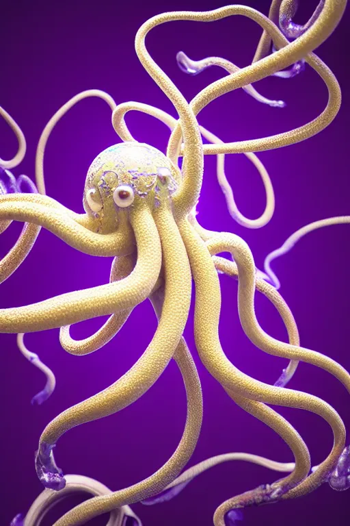 Image similar to 3 d sculpture white intertwined octopus tentacles, floating in dark purple galaxy, gold details, very detailed, highly intricate, ornate, dramatic lighting, pearlescent, octane render, 8 k,