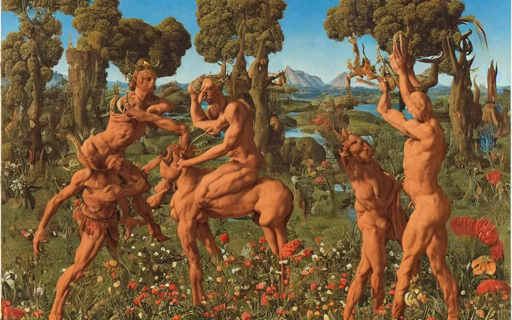 Image similar to a portrait photograph of a meditating satyr and a centaur monk riding a rocket machine and hunting at a river delta. surrounded by bulbous flowers and trees. mountain range under a blue sky of fiery stars. by jan van eyck, max ernst, ernst haeckel, ernst fuchs and artgerm, cgsociety, fashion editorial, 8 k