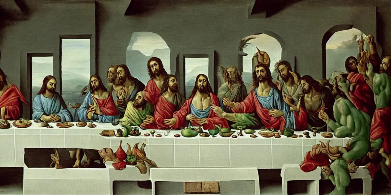 Image similar to the last supper iconic image in the style of dali surreal jesus christ iconography but replace jesus with little green aliens like the ones from pixar movies