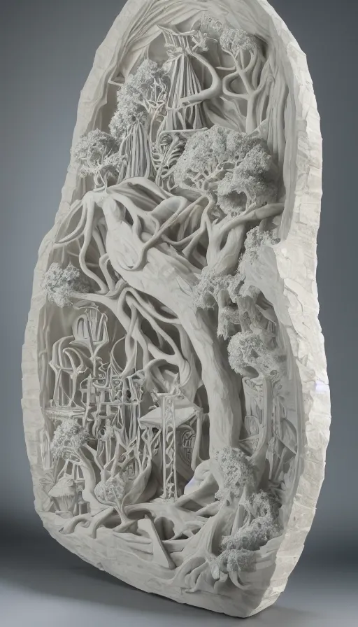 Image similar to the utopia portal highly detailed carving on southern ice porcelain, partially crystallized, woodfired, art gallery
