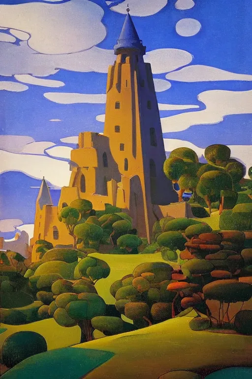 Image similar to view of the mysterious blue tower in its gardens after a storm, tall windows, beautiful moorish ornament, dramatic cinematic lighting, rich colors, by Nicholas Roerich and Sylvain Sarrailh and Ludwig Deutsch and April Gornik