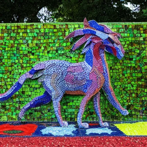 Image similar to garden containing very colorful textured variegated mosaic sculpture of a chimera, in the style of folk art