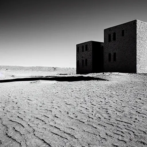 Prompt: Photograph of a tall soviet communist european residential block standing lonely in a desert, after dawn