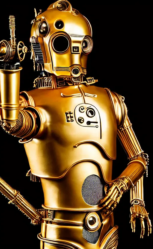 Image similar to steampunk version of c 3 po, promotional photo, studio lighting