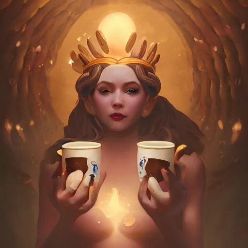 Prompt: goddess of coffee surrounded by coffee beans and steam ☕ 🧖‍♀️, matte fantasy painting volumetric lighting by Ross Tran and Jason Felix and Steve Argyle and Tyler Jacobson and Ching Yeh and Anato Finnstark, bokeh backdrop