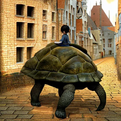 Image similar to Manga cover of a little girl riding on top of a giant tortoise through the streets of Bruges, 3d render diorama by Hayao Miyazaki, official Studio Ghibli still, color graflex macro photograph, Pixiv