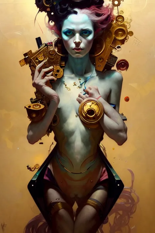 Image similar to portrait, patchwork doll, cyberpunk, elegant baroque, expressive, asymmetrical art, hyperrealism, colorful, vivid, imposing, epic, abstract texture, gold leaf texture, artstation, concept art, by peter mohrbacher and wlop and rhads and artgerm and magali villeneuve and alphonse mucha