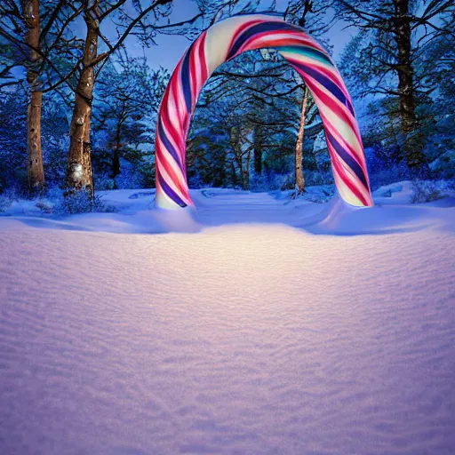 Image similar to a huge colorful candy cane topped with a little pure white snow. the candy is buried in the ground on the side of a serene foot path. there are snow flurries swirling in the air epic, awe inspiring, dramatic lighting, cinematic, extremely high detail, photorealistic, cinematic lighting, trending on artstation cgsociety rendered in unreal engine, 4 k, hq,