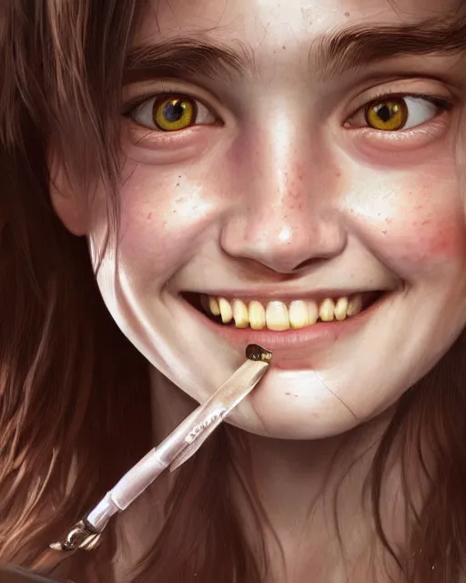 Image similar to close up portrait of 1 5 - year - old girl, smile with large front teeth, hermione, very bushy brown hair, and very bright brown eyes, wearing white shirt, hyper realistic face, beautiful eyes, character art, art by mark brooks, hyperdetailed, cryengine, trending on artstation, digital art