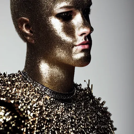 Prompt: a portrait of a beautiful young male wearing an alexander mcqueen armor made of glitter , photographed by andrew thomas huang, artistic