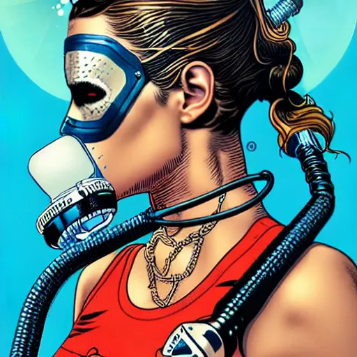 Image similar to tarot card of portrait of a female diver with a oxygen mask intricate detailed mask with front profile by MARVEL comics and Sandra Chevrier