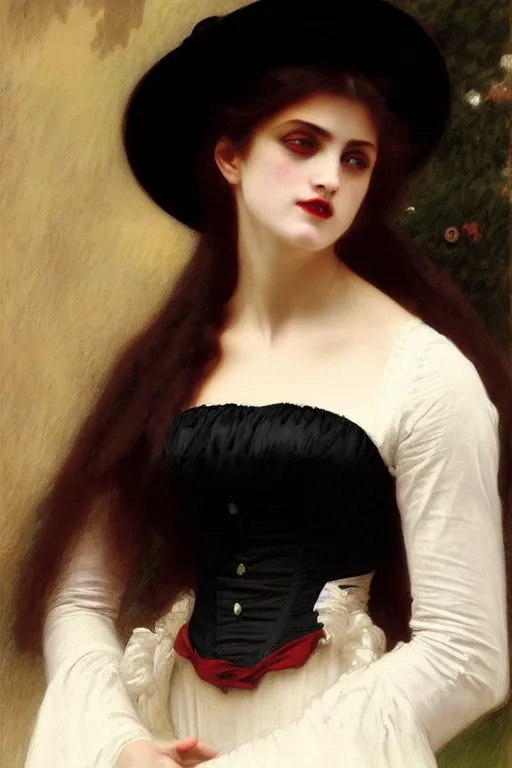 Prompt: victorian vampire in a biggest hat, white dress, painting by rossetti bouguereau, detailed art, artstation