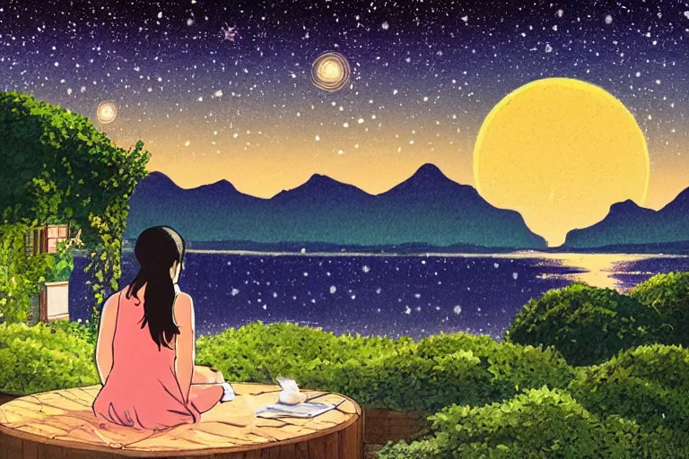 Prompt: a girl on the terrace of a house by a mountain lake in the night, starry sky, studio ghibli style