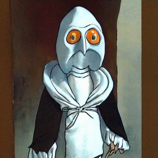 Prompt: pulcinella looks like mr burns, white clothing, mask, painted by antoinette kelly