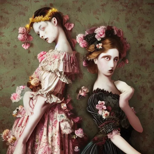 Image similar to 8k, octane render, realism, tonalism, renaissance, rococo, baroque, group of creepy young ladies wearing long harajuku manga dress with flowers and skulls, background chaotic flowers