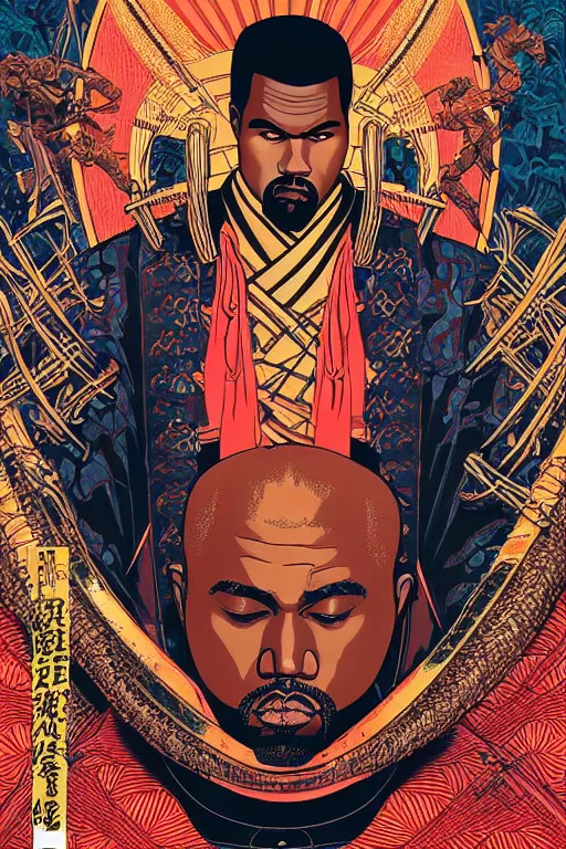 Image similar to poster of kanye west as a samurai, by yoichi hatakenaka, masamune shirow, josan gonzales and dan mumford, ayami kojima, takato yamamoto, barclay shaw, karol bak, yukito kishiro, highly detailed