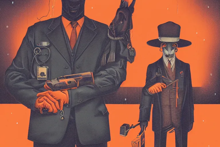 Prompt: an orange llama wearing a 1 9 4 0's noire detective outfit, standing in the streets of chicago at night looking at a crime scene, crime scene photography by moebius, junji ito, tristan eaton, victo ngai, artgerm, rhads, ross draws, hyperrealism, intricate detailed, risograph, optical illusion
