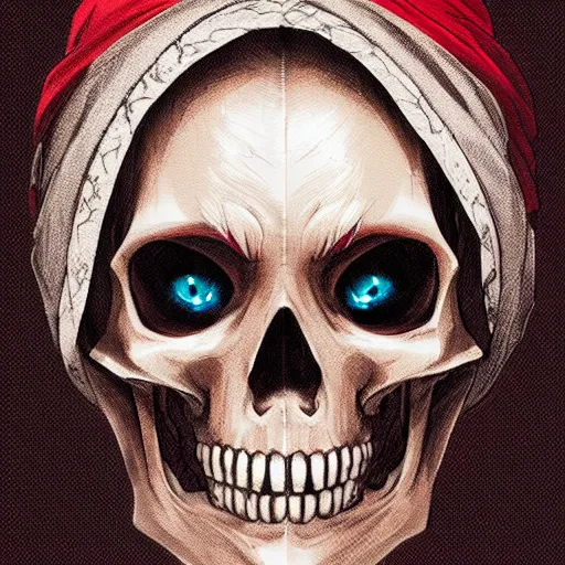 Prompt: anime manga skull portrait young woman skeleton, profile, red riding hood, unreal engine, Disney, intricate, elegant, highly detailed, digital art, art by JC Leyendecker and sachin teng