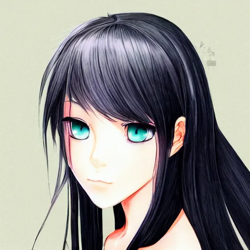 Image similar to full headshot portrait of a girl with long black hair, drawn by ATDAN, by Avetetsuya Studios, attractive character, colored sketch anime manga panel, trending on Pixiv