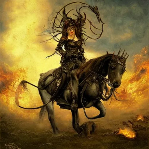 Prompt: a hyperrealistic painting of a beautiful woman with demonic horns wearing steampunk goggles, riding a horse into the fires of hell, by santiago caruso, highly detailed,