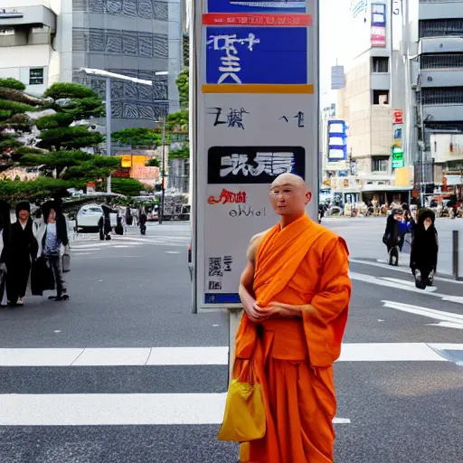 Prompt: A Japanese monk standing in front of a traffic signal at Tokyo Station