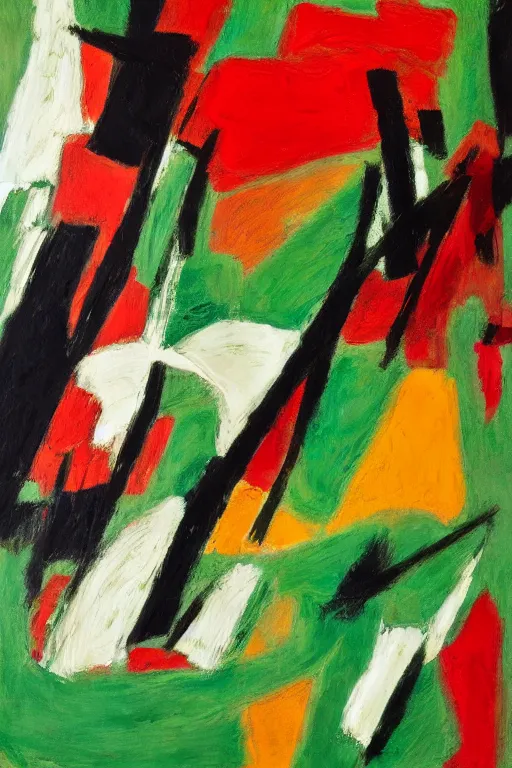 Prompt: an abstract expressionist painting with big broad strokes, colors are emerald green, vermillion, white and black
