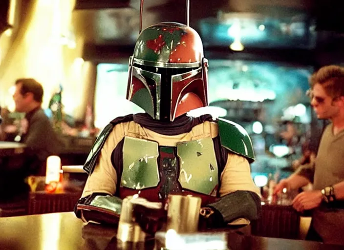 Prompt: boba fett drinking at an la cocktail bar in the movie swingers
