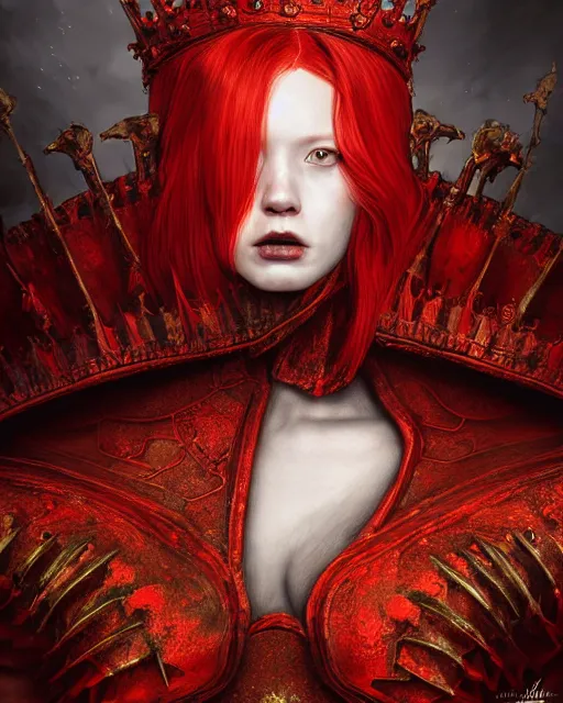 Image similar to redhead queen in heavy red armor, inside an epic gothic castle, baroque, large crown, face with scars, mad grin, intimidating, ominous, high fantasy, intricate detail, digital painting, artstation, concept art, smooth, sharp focus, illustration, art by yoshitaka amano and monia merlo and wlop