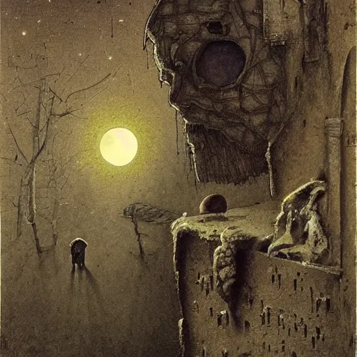 Image similar to time flying by in barbes rochechouart, regrets, melancholy, absent father, odissey, gritty feeling, moon, moonlight, at night, wandering in the city, stone, chaotic punk, oil painting, by beksinski, by kurosawa, by kiarostami, intense emotion