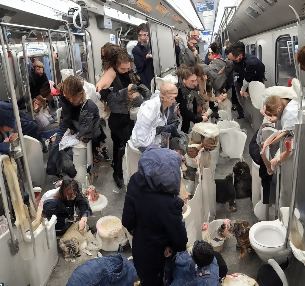 Image similar to people were flushing their cats down the toilet. this was for a charity, unspecified but highly regarded. people were on the train, looking at artefacts from outer space, listening to talk show djs discussing how to route your cat to the most profitable endpoint in the sewage system