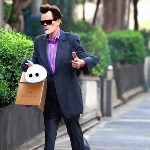 Prompt: jim carrey cosplaying as an anthropomorphic carrier pigeon