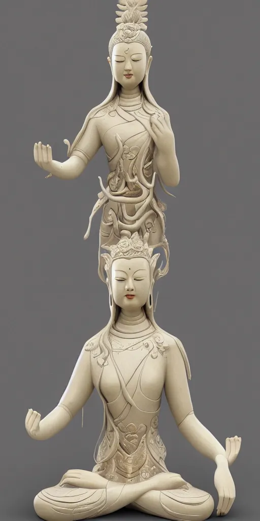 Image similar to a multi armed quan yin sculpture, standing in meditation holding a comically large lotus flower, digital art, artstation, concept art, beautiful porcelain statue,