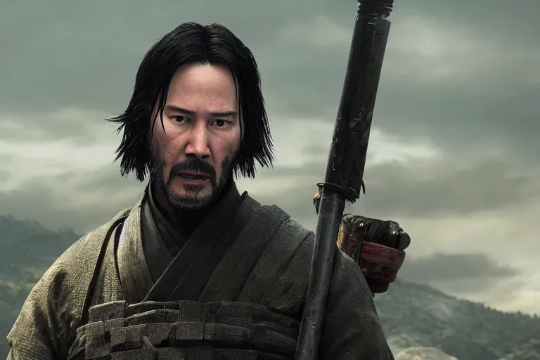 Image similar to keanu reeves in ghost of tsushima, cinematic, video game screenshot