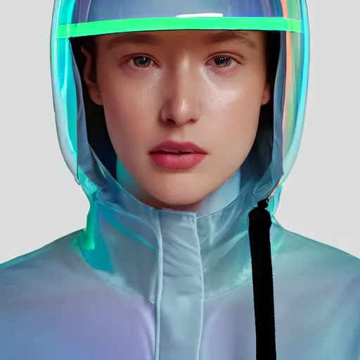 Image similar to an ultra high definition professional studio quality photograph of a transparent iridescent perspex pastel coloured ( face ) visor and matching raincoat on a white coat hook in an empty white room. dramatic lighting, ray tracing, refraction, shallow d. o. f, colour corrected, golden ratio, three point light. volumetric shadows. light rays.