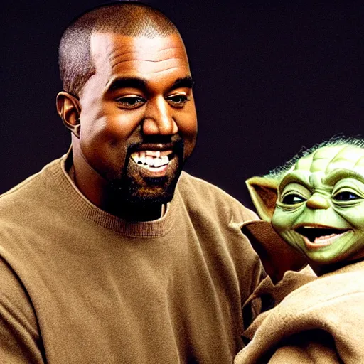 Image similar to kanye west smiling and holding yoda yoda for a 1 9 9 0 s sitcom tv show, studio photograph, portrait