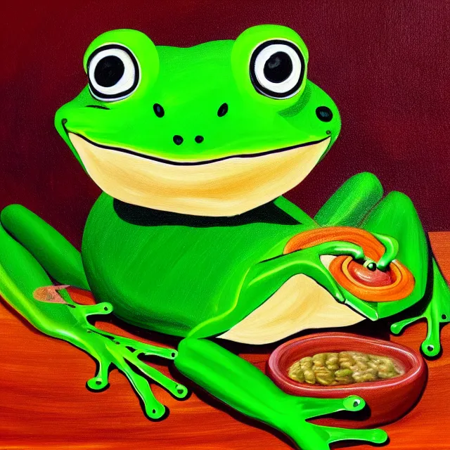 Prompt: painting of a smiling green frog with rosy cheeks stirring a steaming bowl of brown beans. the frog is in the sitting position and has a small yellow oval belly. green yellow pink splotchy background.